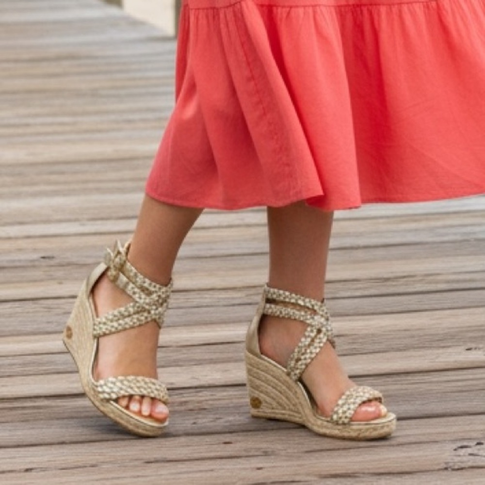 New in Box Tory Burch Women’s Bailey Metallic‎ Leather Espadrille Platform Wedge